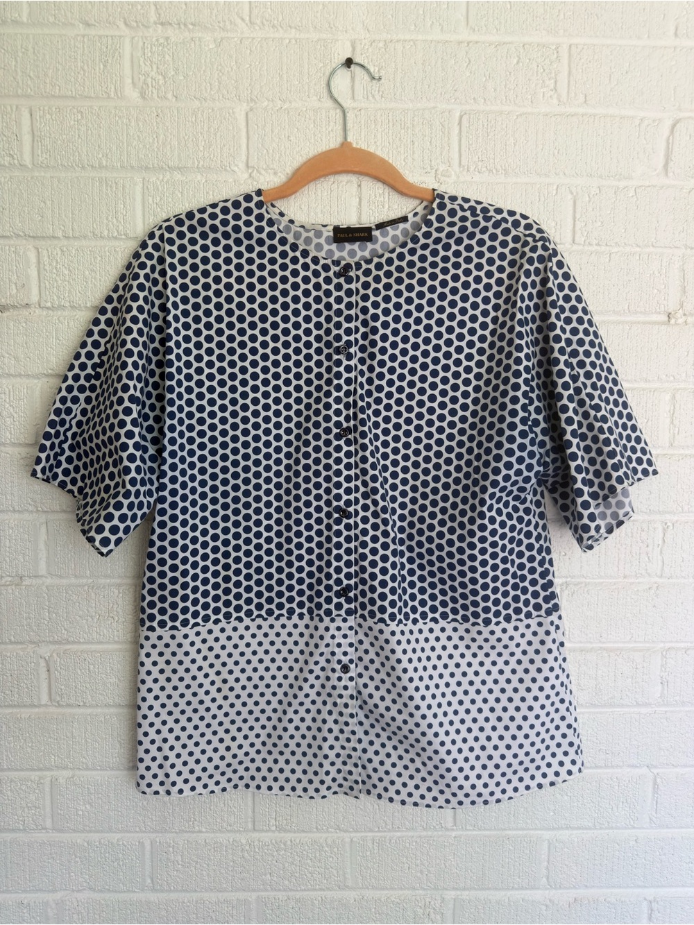 Paul & Shark Navy and White Polka Dot Short Sleeve Button-Front Shirt